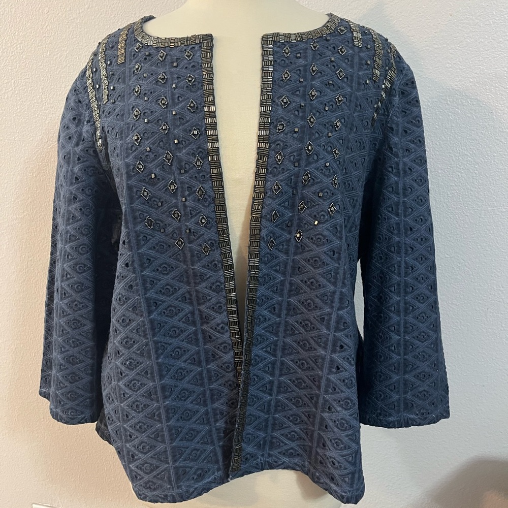 Blue Embroidered Open Jacket